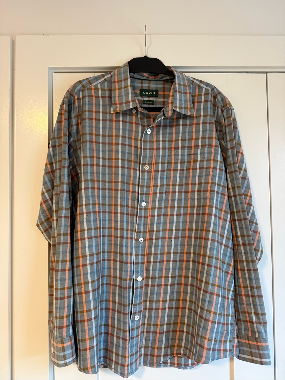 Orvis Men's Gray Plaid Button-Down Shirt with Orange Stripes